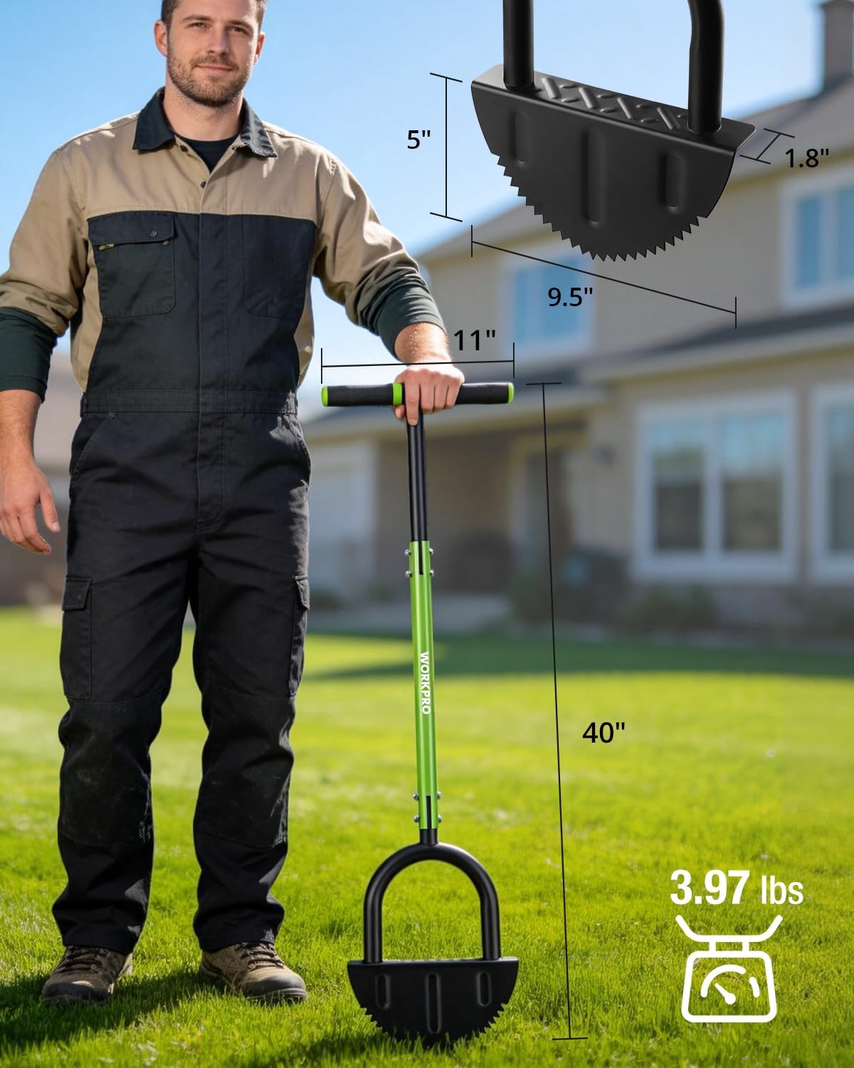 Manual lawn edger with green shaft, black T-handle, and half-moon saw-tooth blade