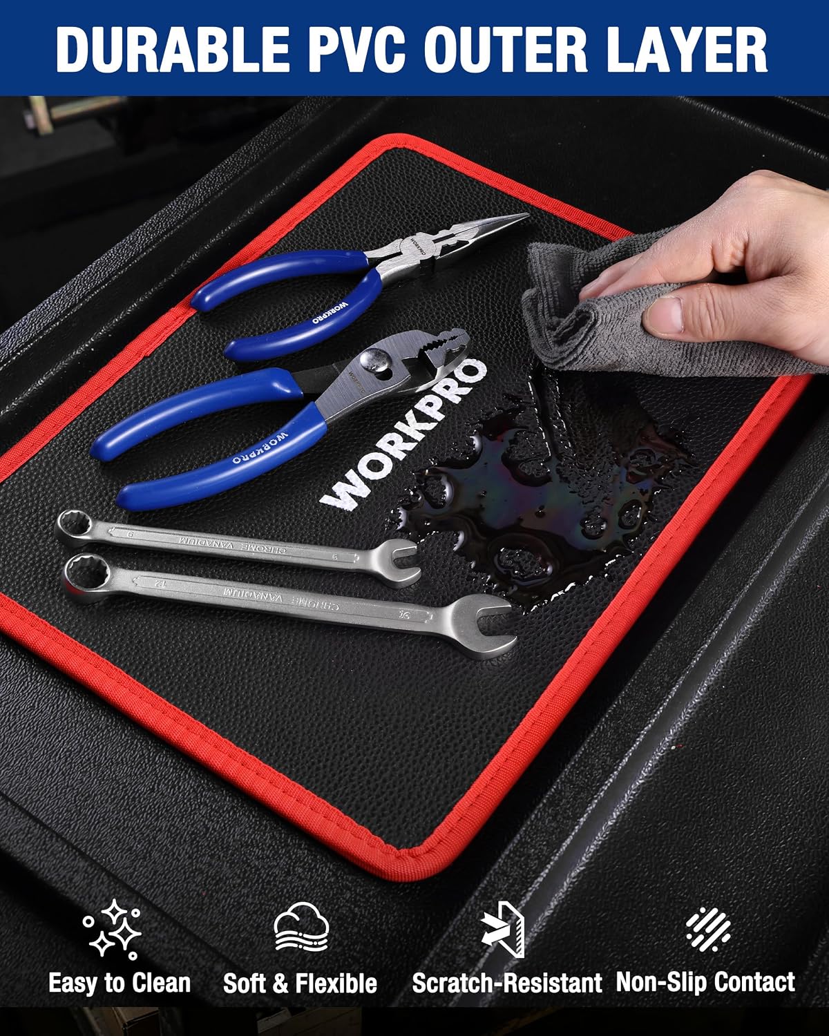WORKPRO magnetic tool mat with durable PVC surface, black with red edge; tools on top