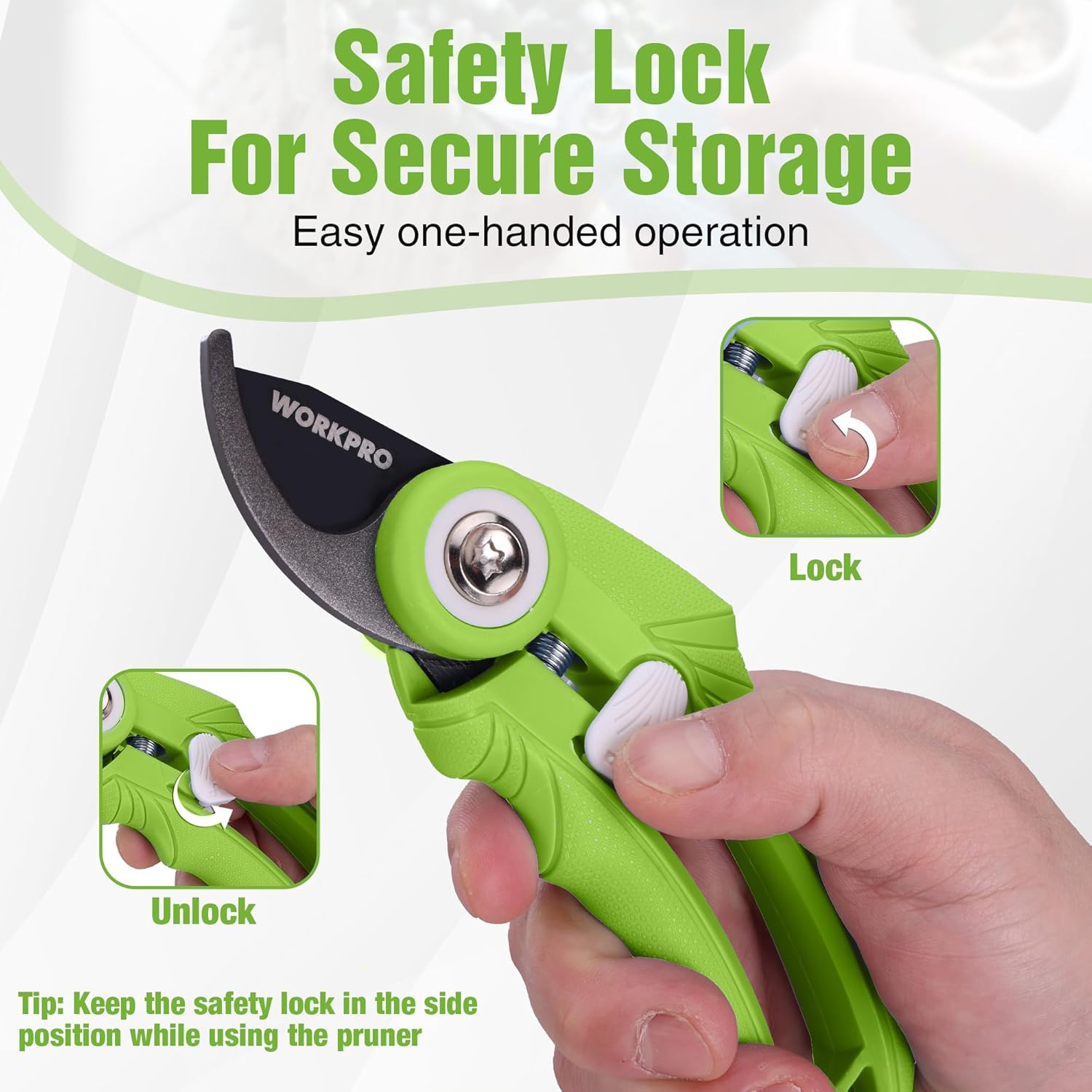 Green pruning shears with side safety lock, hand holding the handle