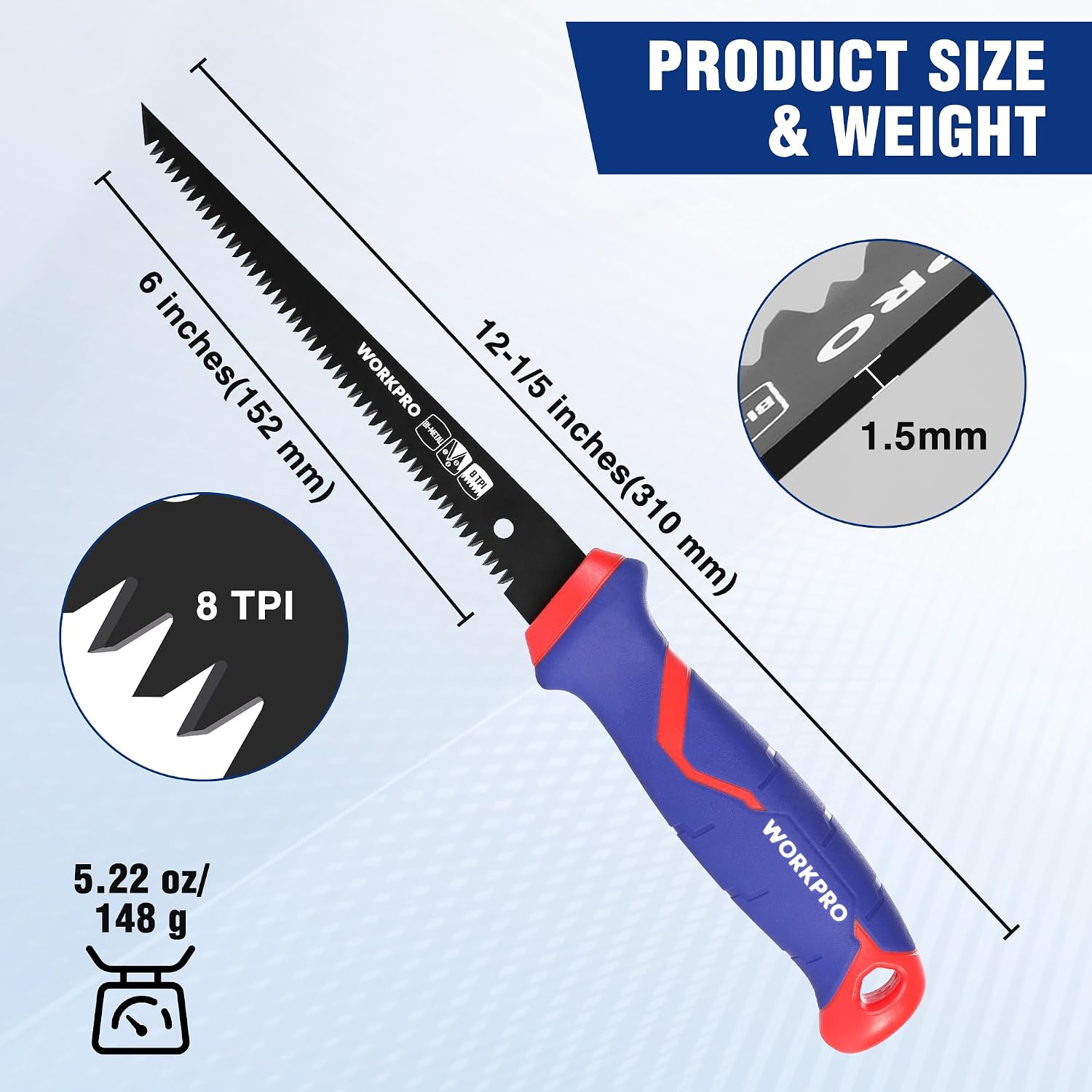 6-inch drywall saw with blue handle, red end, and black serrated blade