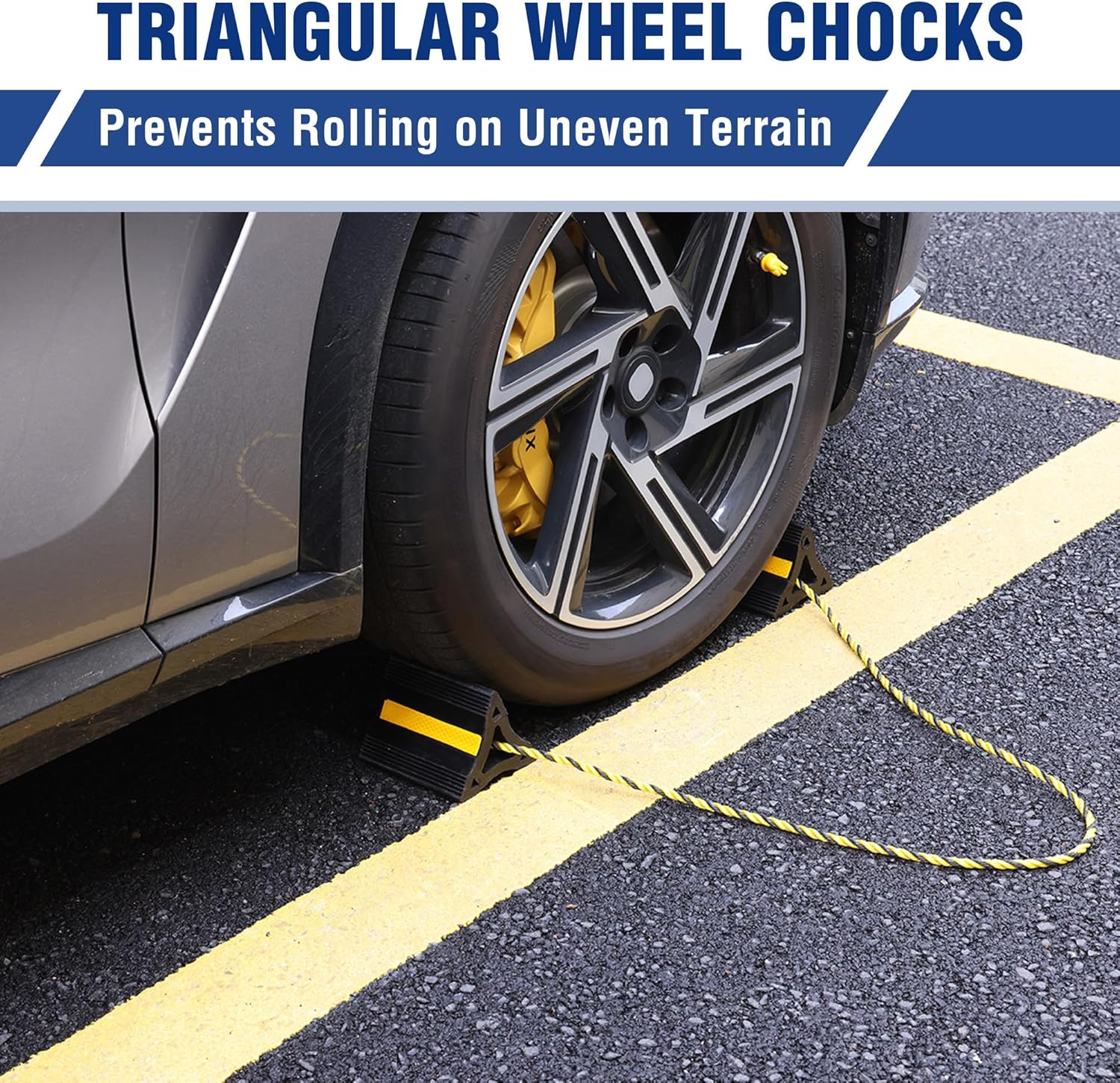 Triangular rubber wheel chock wedge with rope and yellow reflective strip on car tire