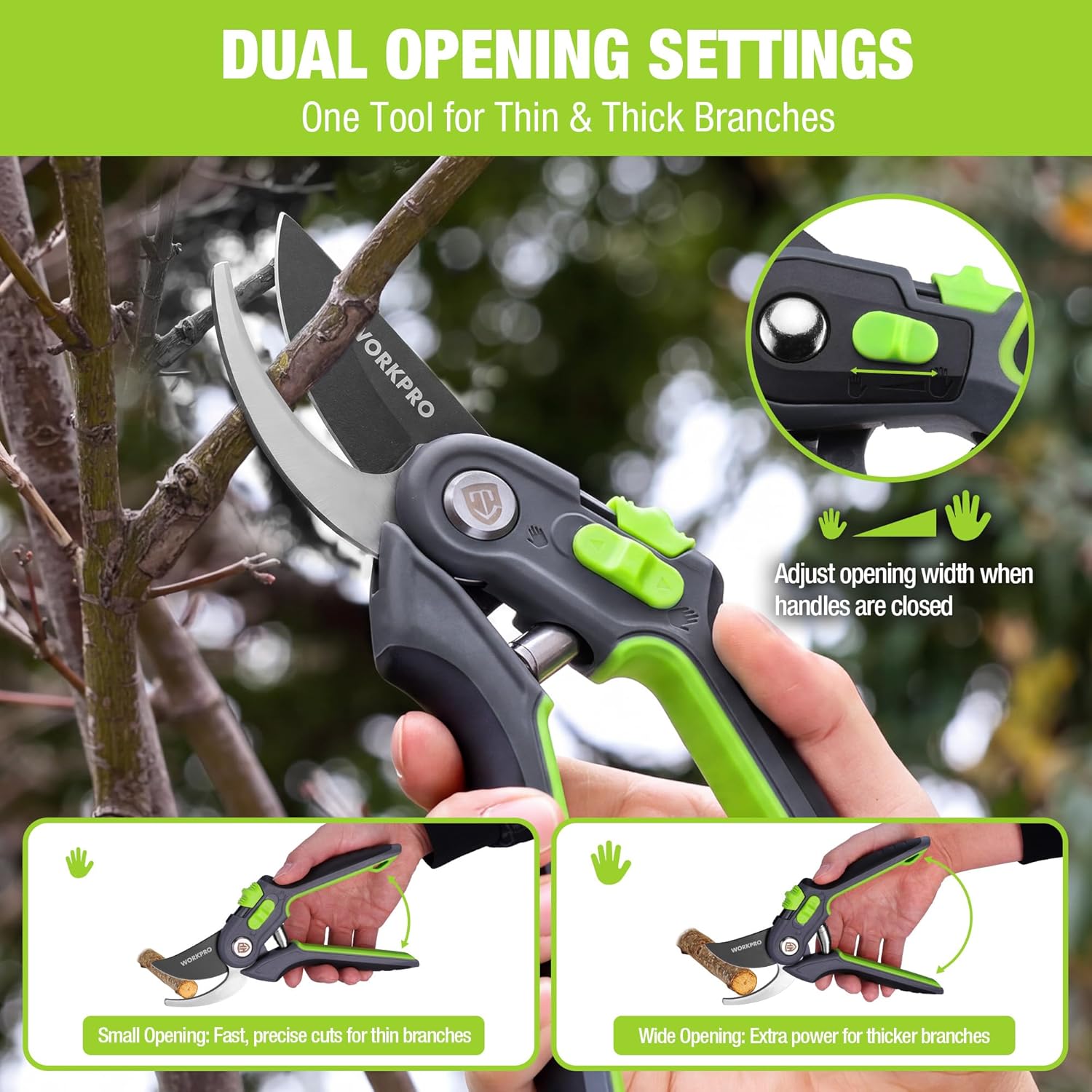 Bypass pruning shears with dual-size opening settings and green adjustment slider