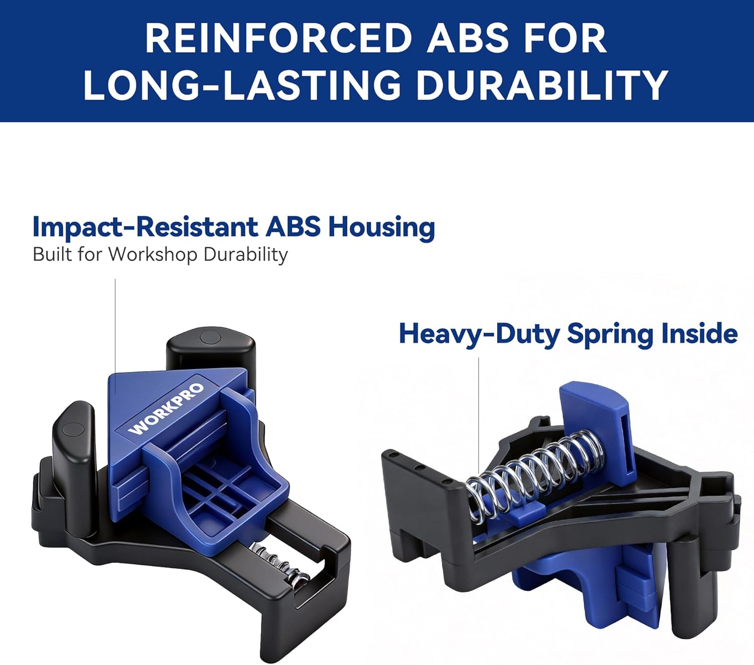 WORKPRO reinforced ABS corner clamp with heavy-duty spring inside; blue and black design