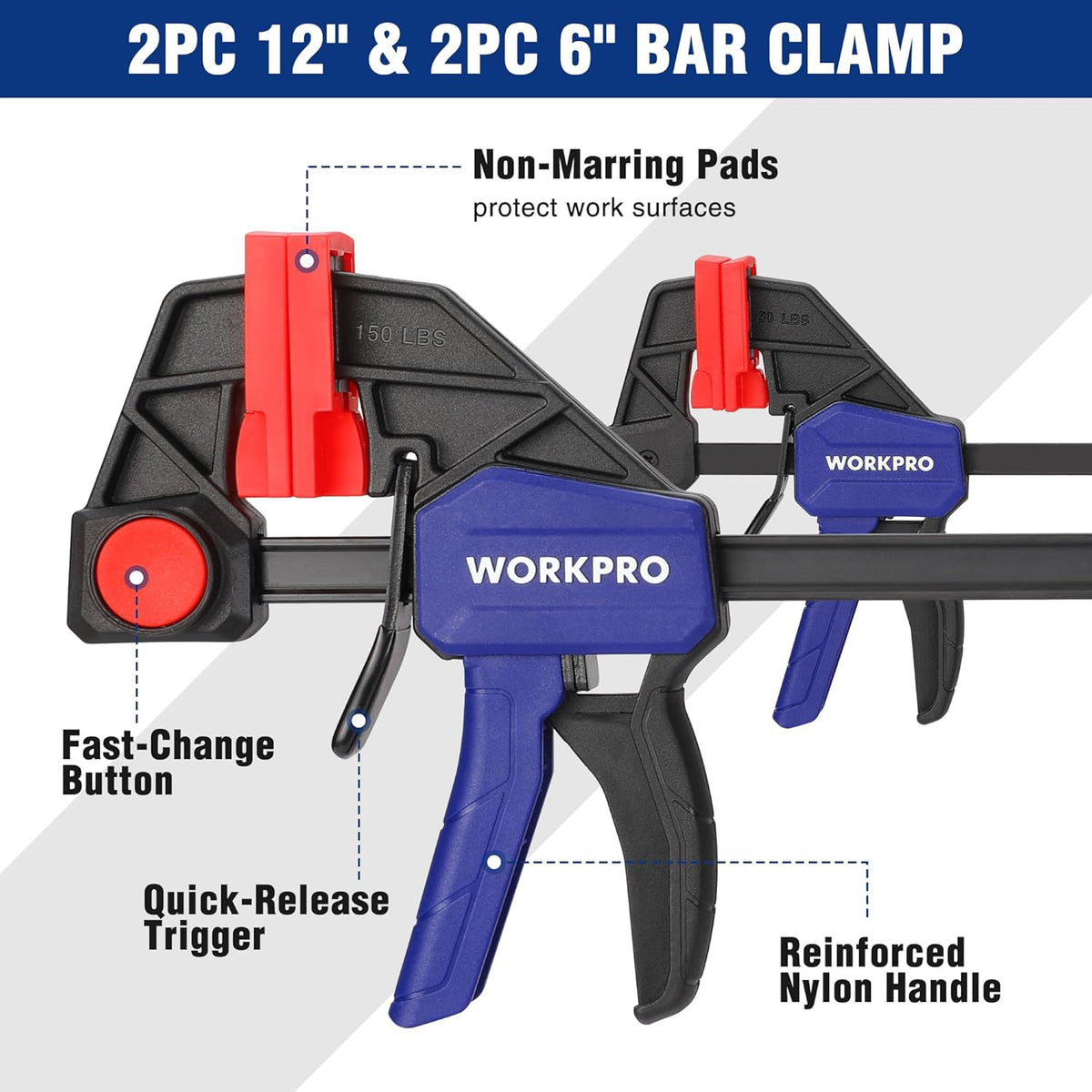 WORKPRO 12 in and 6 in bar clamps with red non-marring pads and quick-release trigger