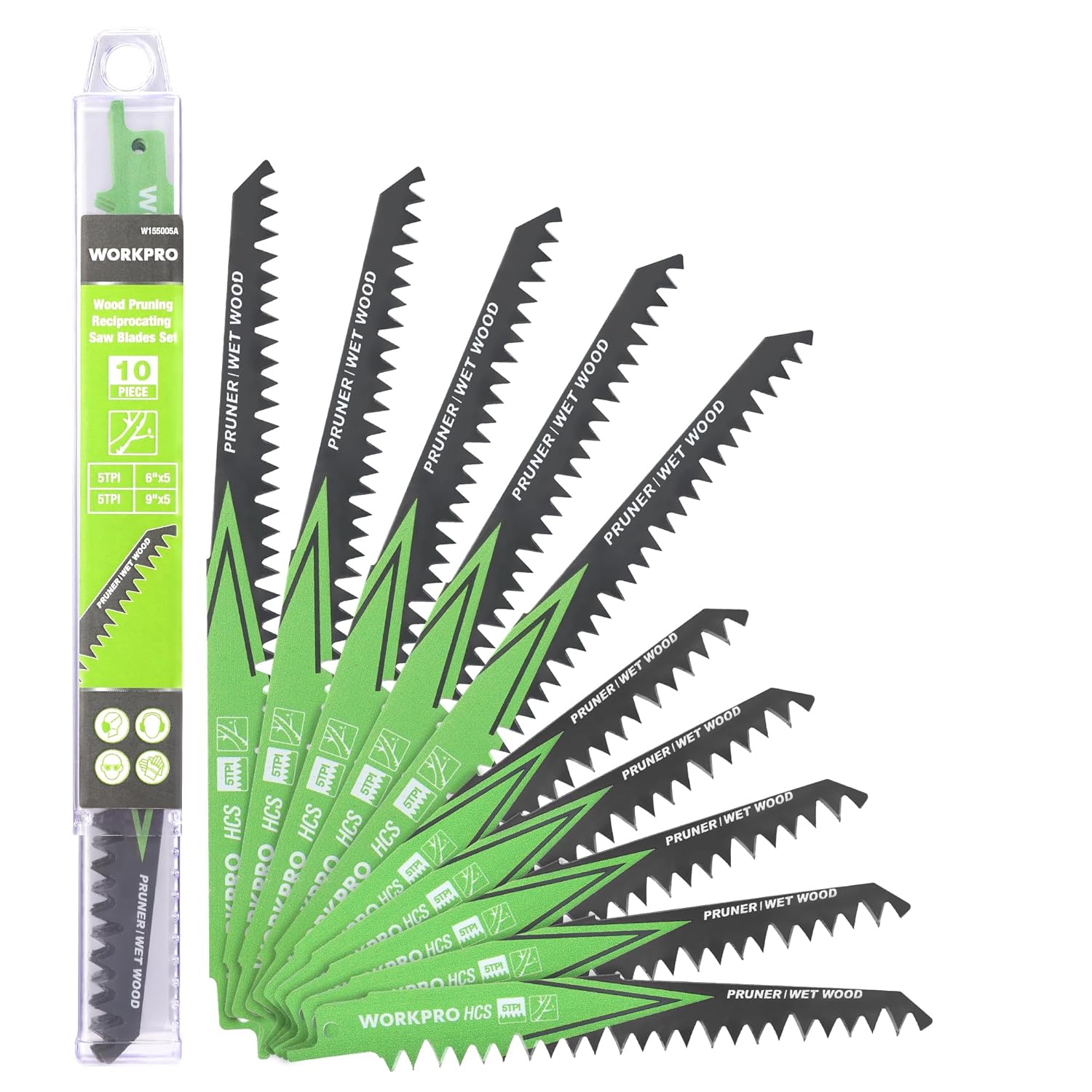 Pruner reciprocating saw blade set, green 5TPI blades in clear organizer case