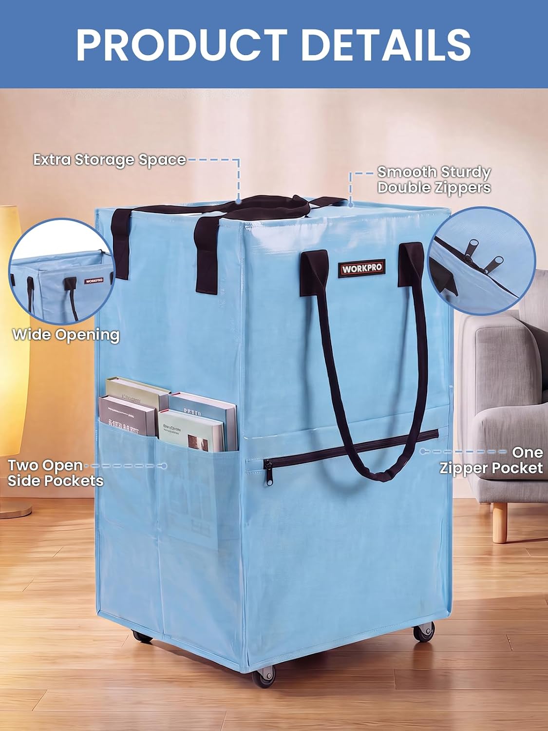 Light blue rolling grocery tote details: wide opening, double zippers, side pockets
