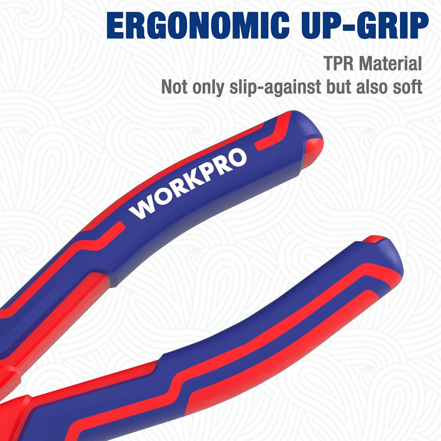 Ergonomic soft-grip needle-nose pliers handle in blue and red