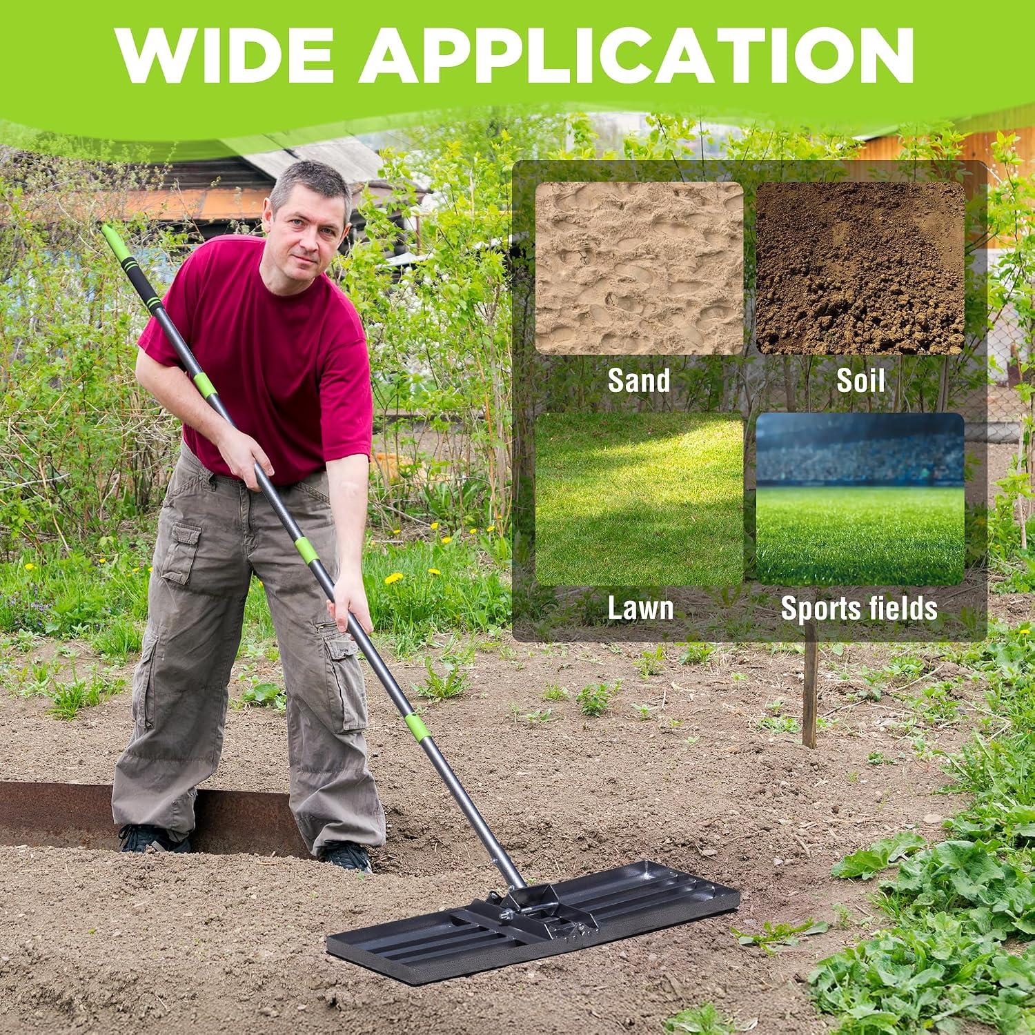 Garden lawn leveling rake with green handle and steel leveling head in use