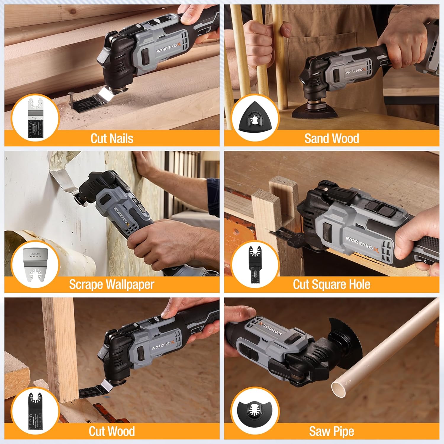 Oscillating multi-tool performing cutting, sanding, scraping, and drilling tasks