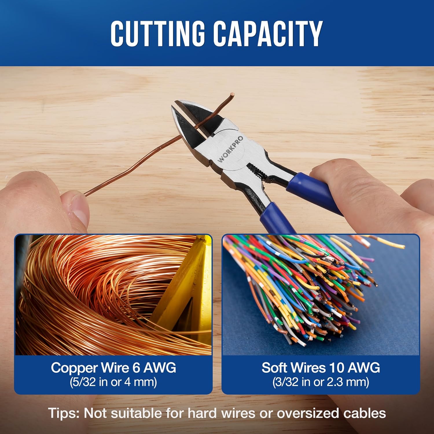 WORKPRO wire cutting pliers with blue handles cutting copper and soft wire