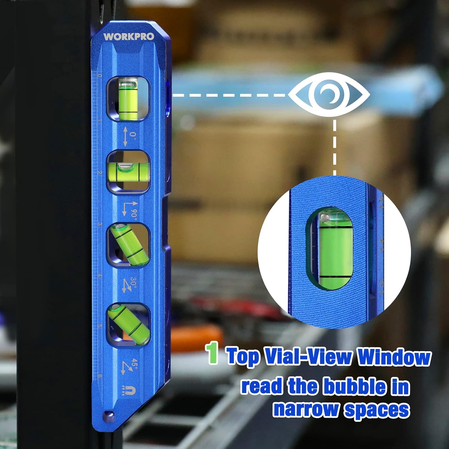 Cobalt blue torpedo level with top bubble-view window and four green vials