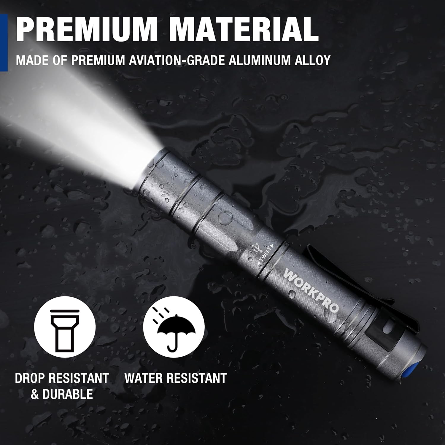 Gray rechargeable aluminum pen light with water-resistant sealed head