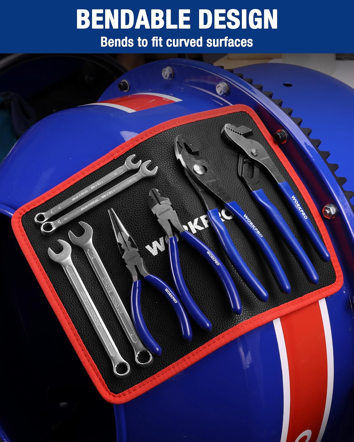 Flexible magnetic tool tray bent for curved surfaces; black interior with red edge.