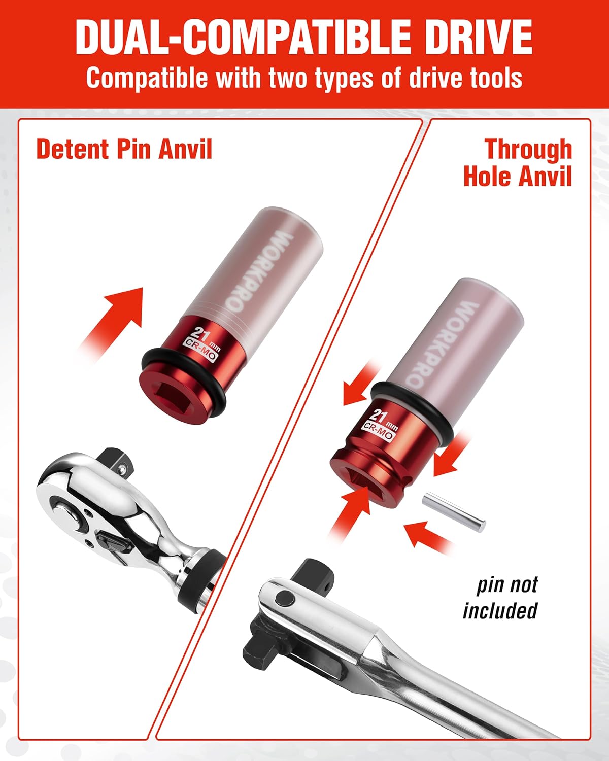Dual-compatible 21 mm lug nut socket for detent pin or through-hole anvil