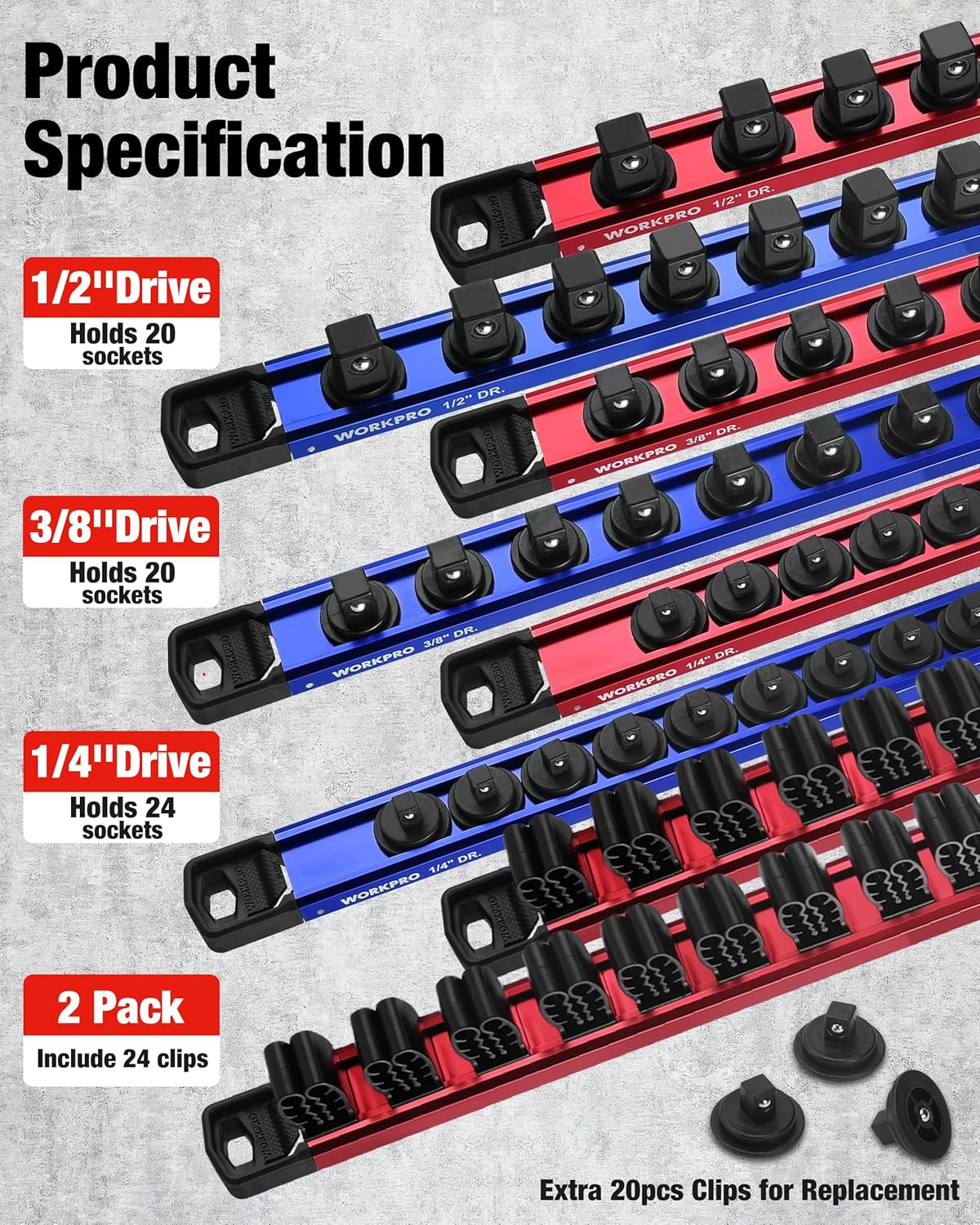 Magnetic socket organizer rail set with blue and red bars and black socket holders