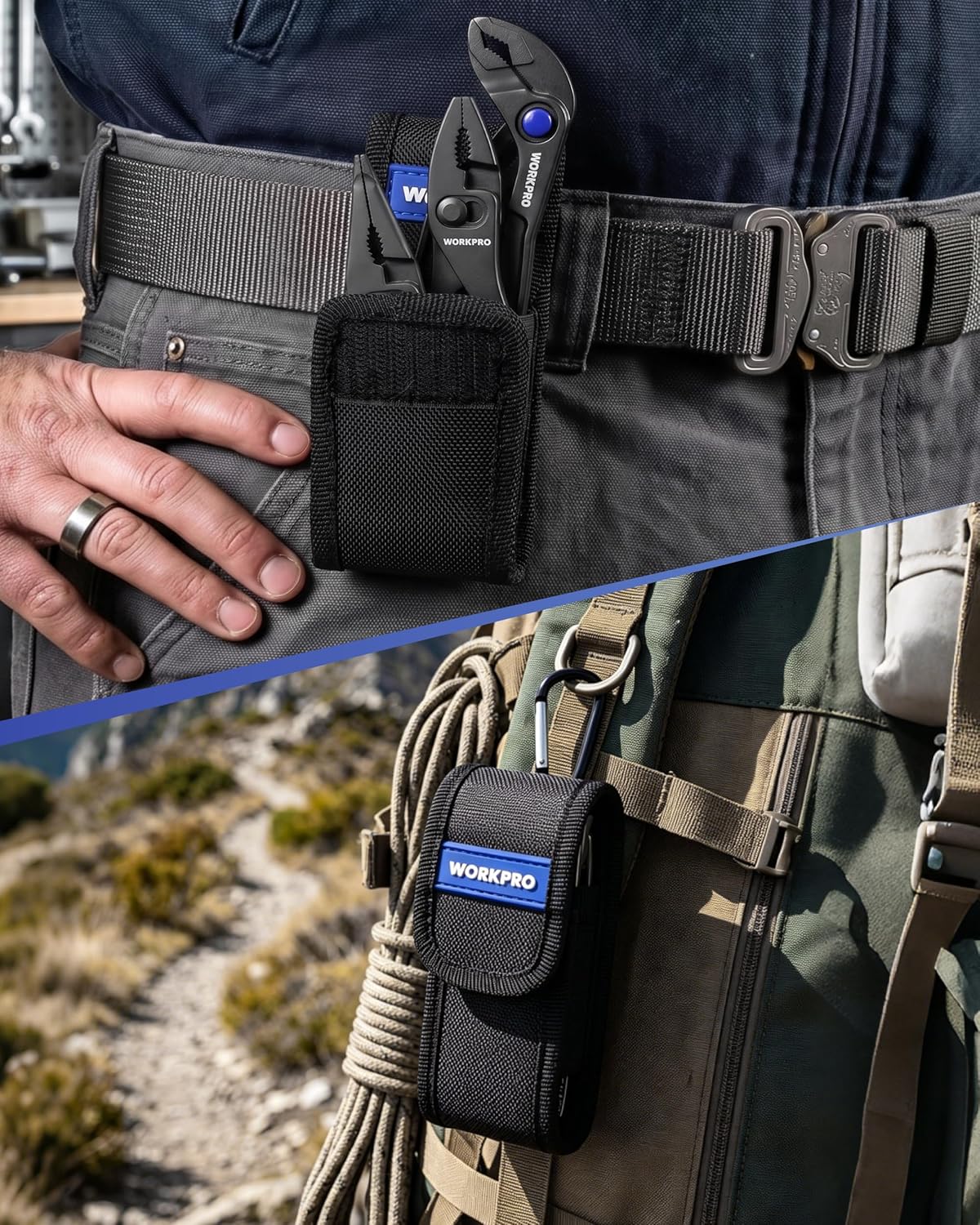 WORKPRO mini pliers in black fabric pouch clipped to a work belt