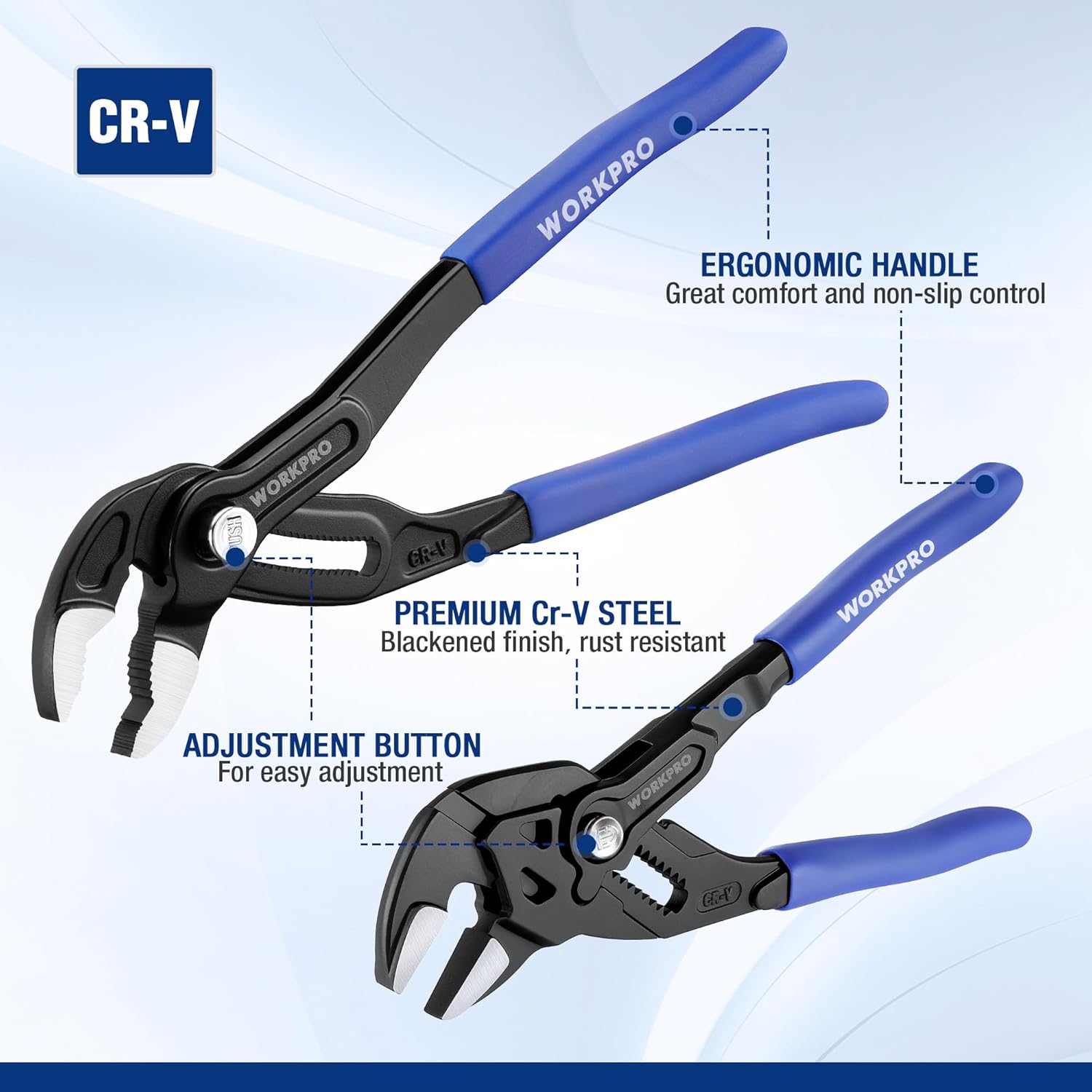 Pair of blue-handled CR-V style pliers with black, textured ergonomic grips