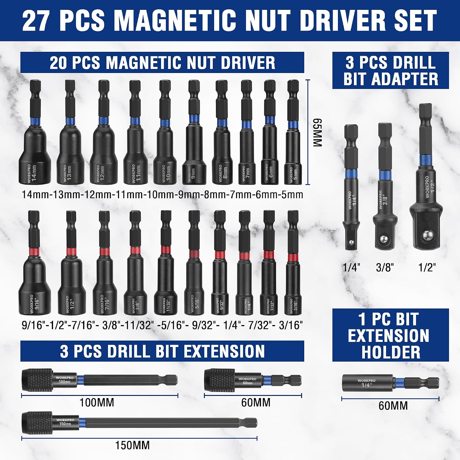 Magnetic nut driver set with multiple impact bits, adapters, and extensions in a kit