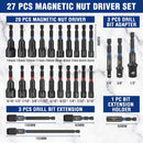 WORKPRO 27 PCS Magnetic Nut Driver Set, Impact Drill Driver Bit 1/4" Hex Shank, SAE & Metric Cr-V Steel Power Nut Drivers with Quick-release Extensions, Impact Socket Adapters, Bit Holder and Toolbox