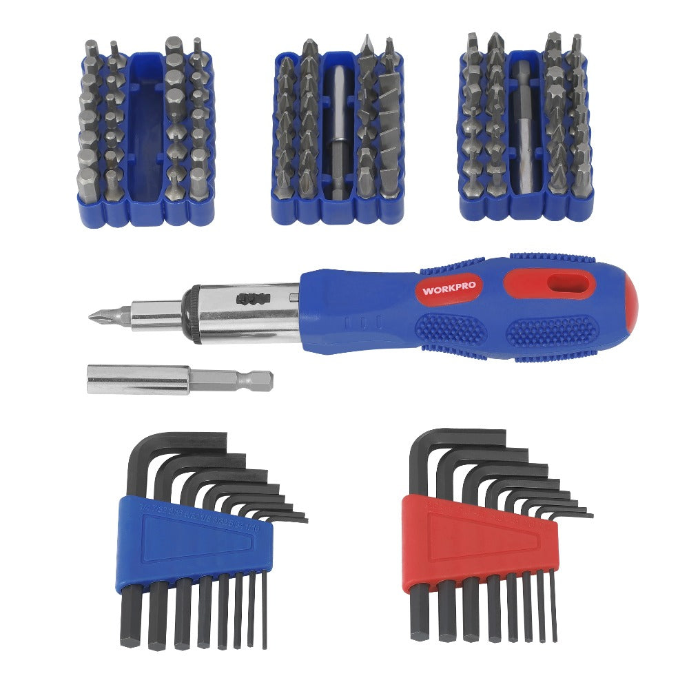 Blue-handled screwdriver with bit holders and hex key set, assorted screwdriver bits