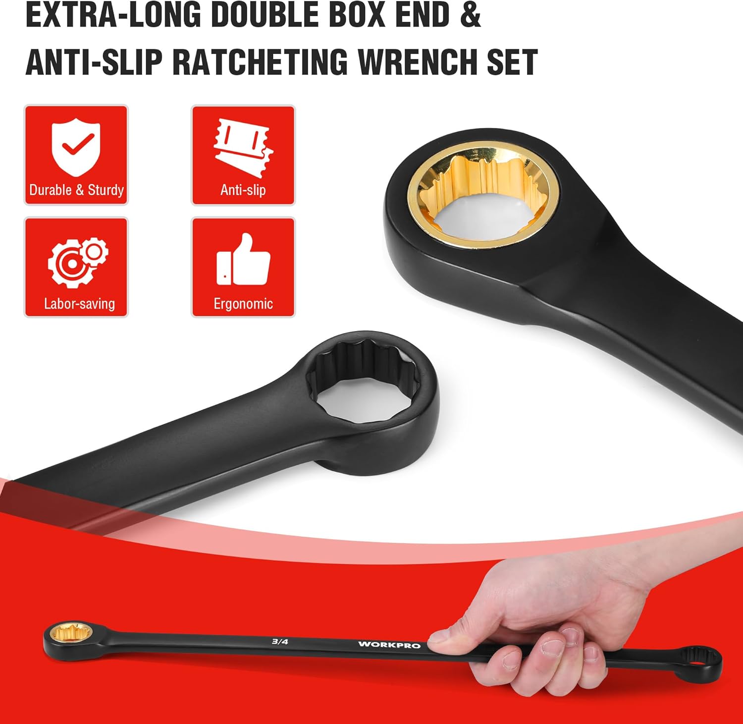 Black extra-long double box ratcheting wrench with anti-slip ring at socket end