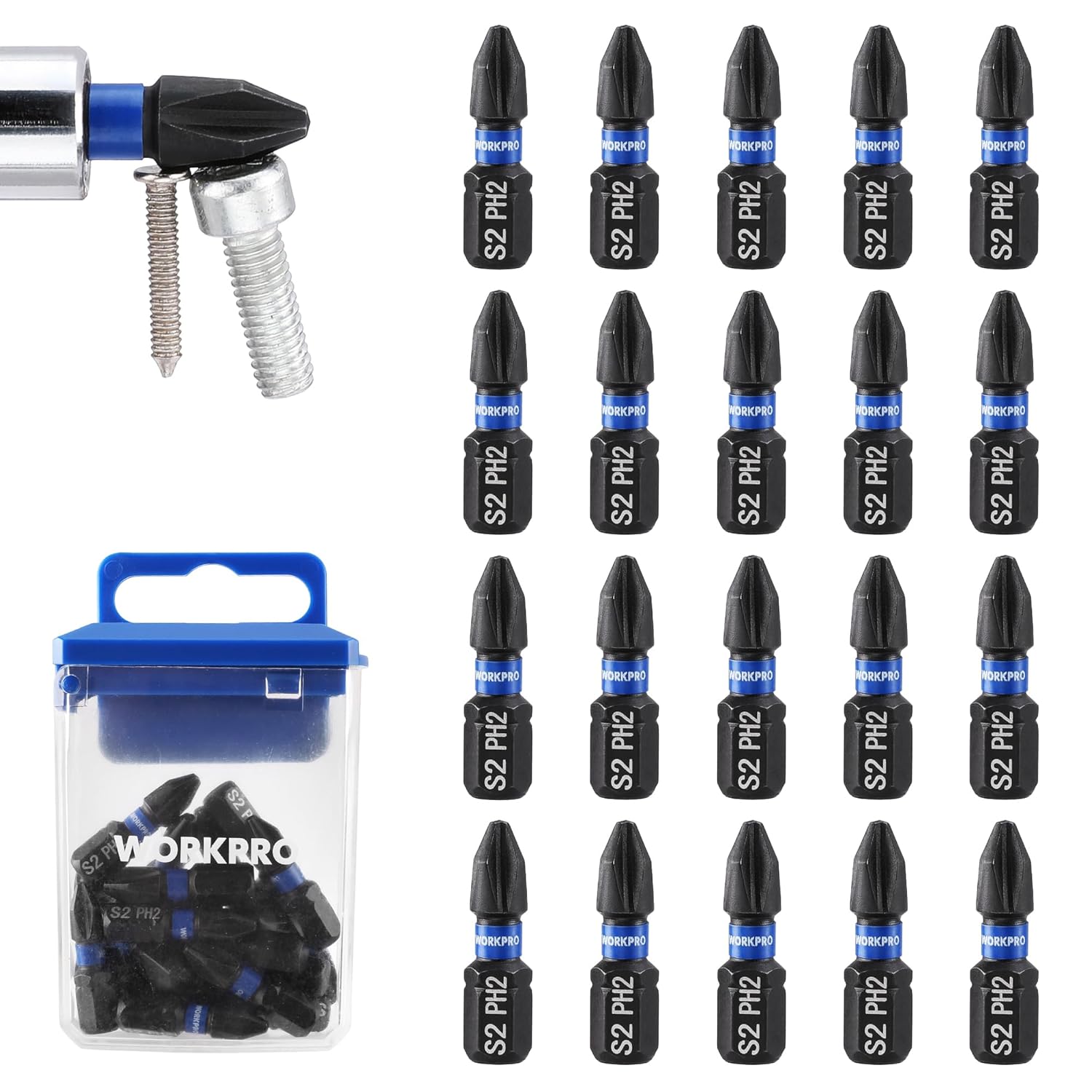 Impact Phillips screwdriver bit set with black PH2 S2 bits and blue storage box
