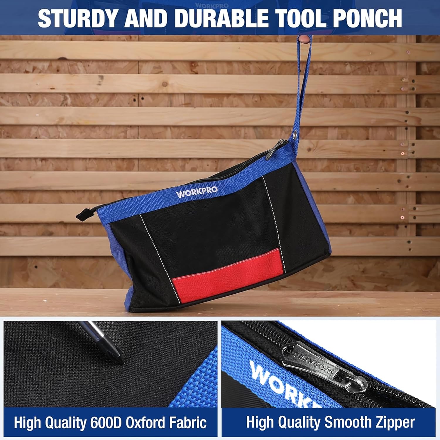 Hanging black-and-blue tool pouch with red front stripe, 600D oxford fabric, smooth zipper