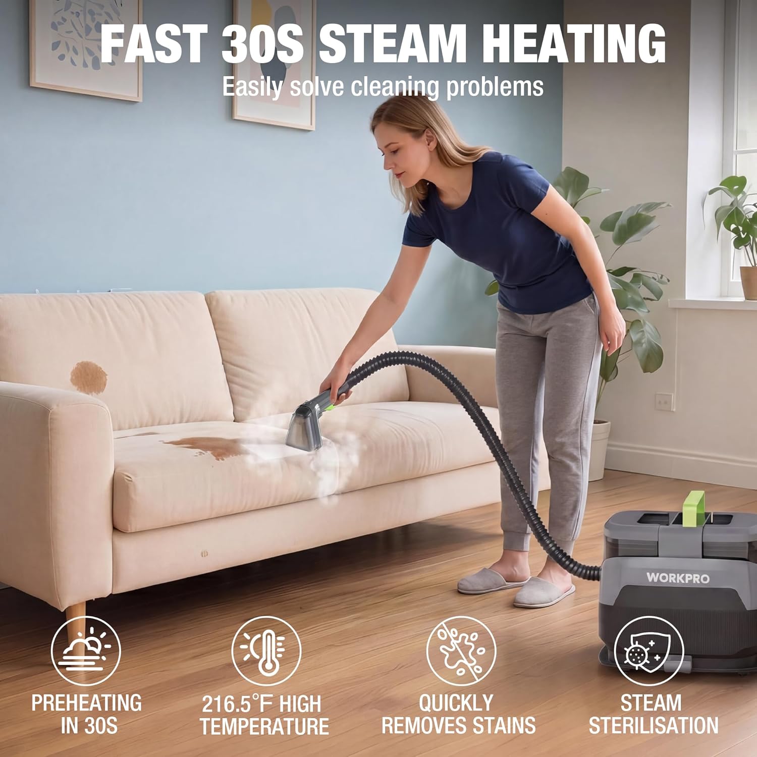 Portable steam cleaner with heated steam nozzle for sofa spot cleaning