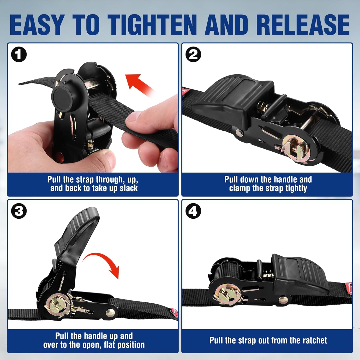 Black ratchet tie down strap showing clamping and locking steps