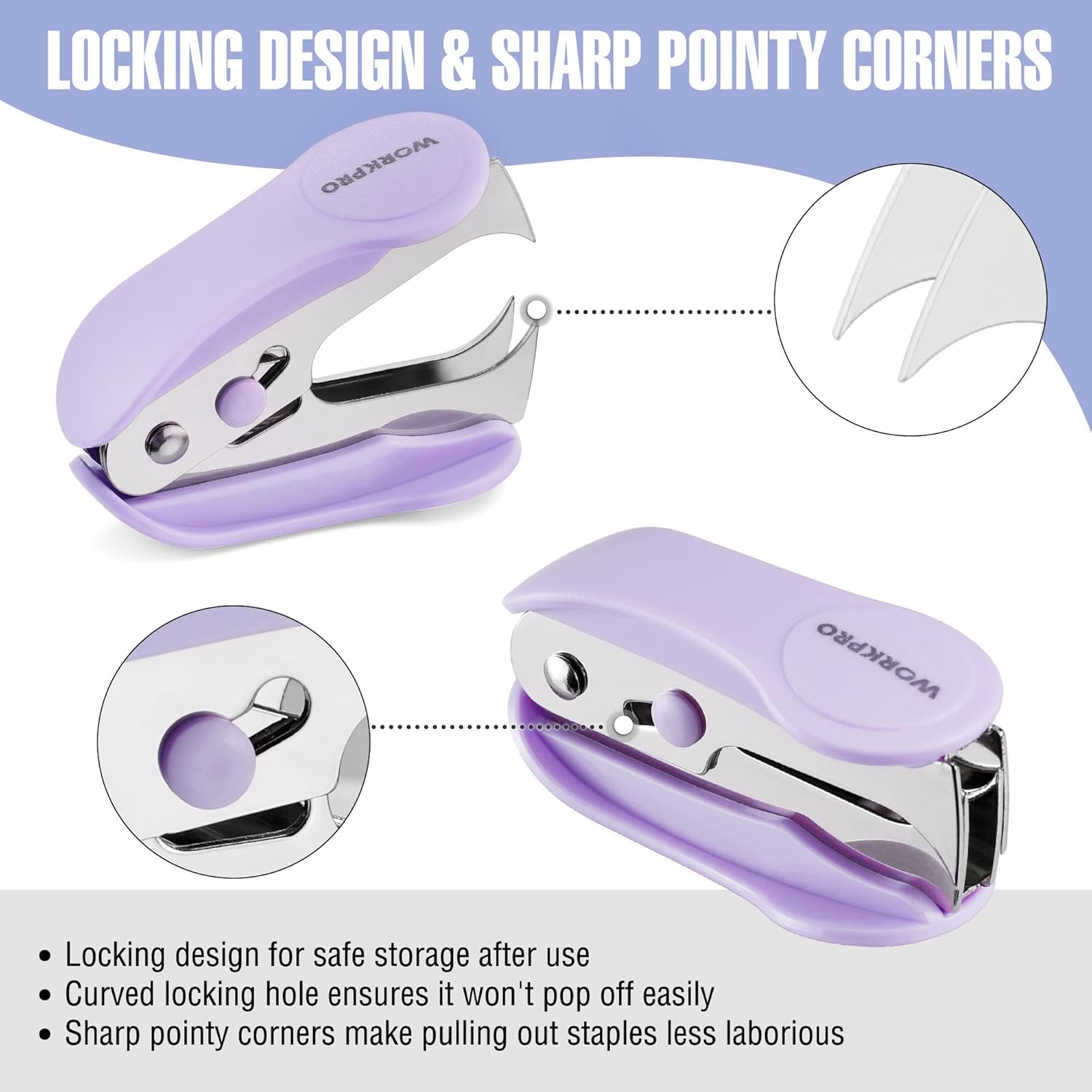 Purple mini stapler with locking top and pointed metal nose, shown from side angle