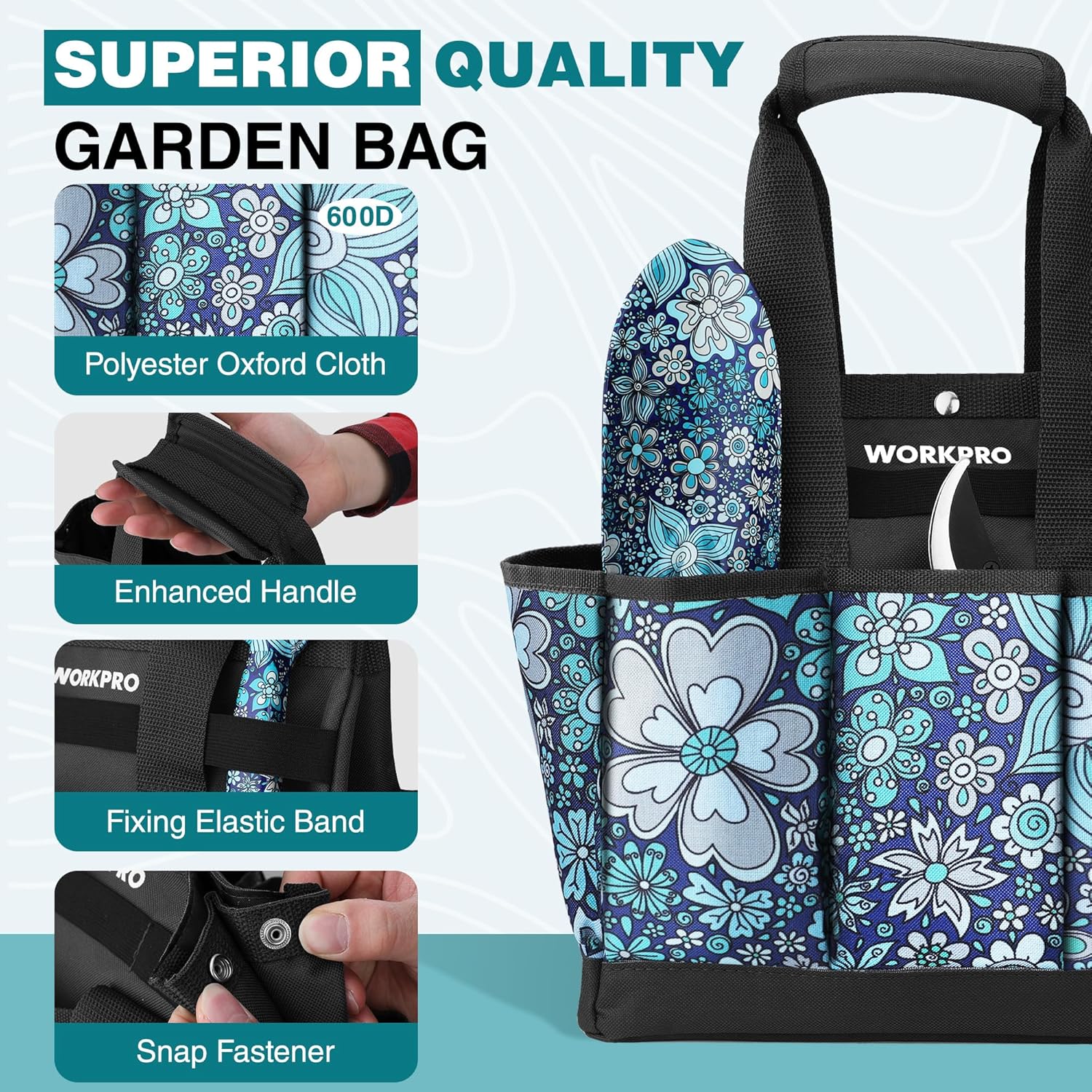Blue floral garden tool bag with black handle, enhanced grip, and snap fastener