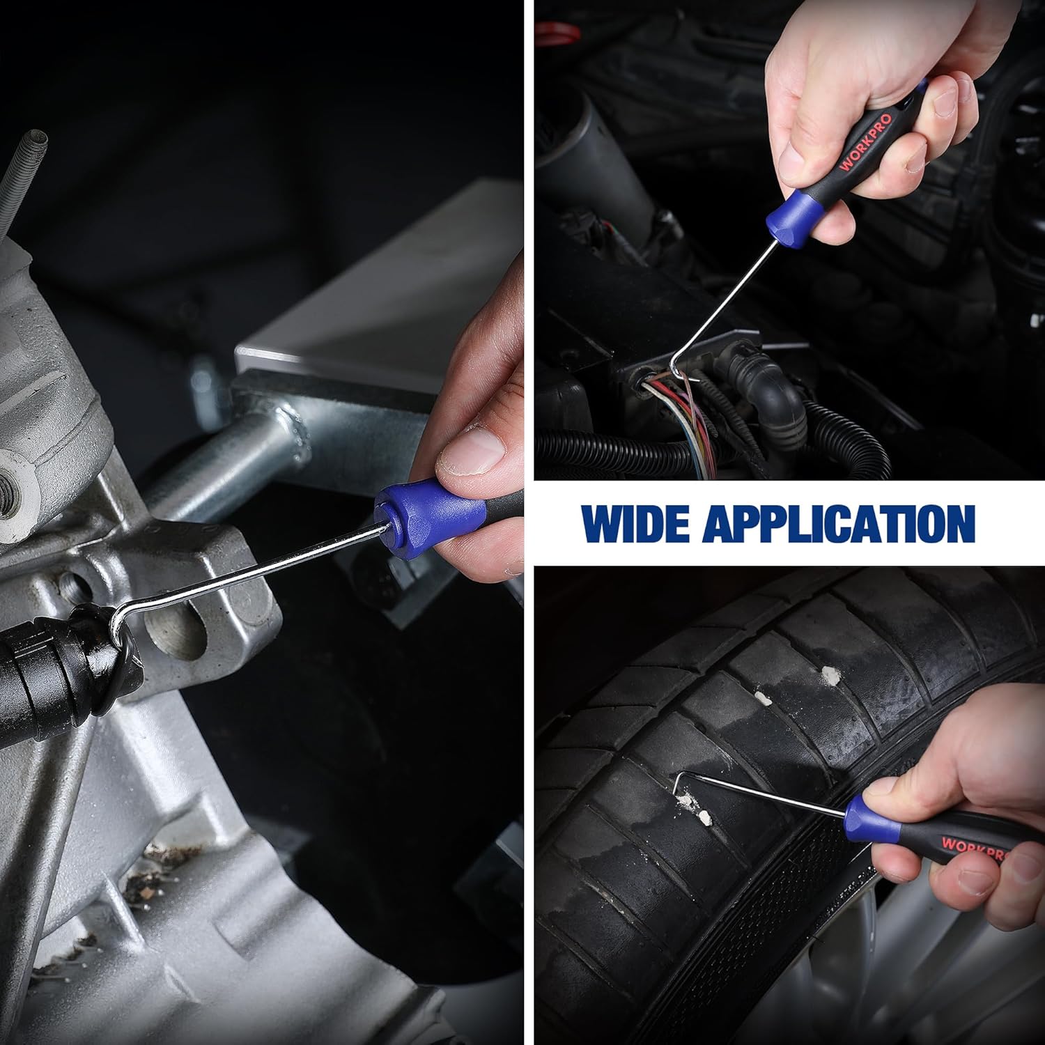 Blue-handled precision pick and hook tool inserted into an automotive component