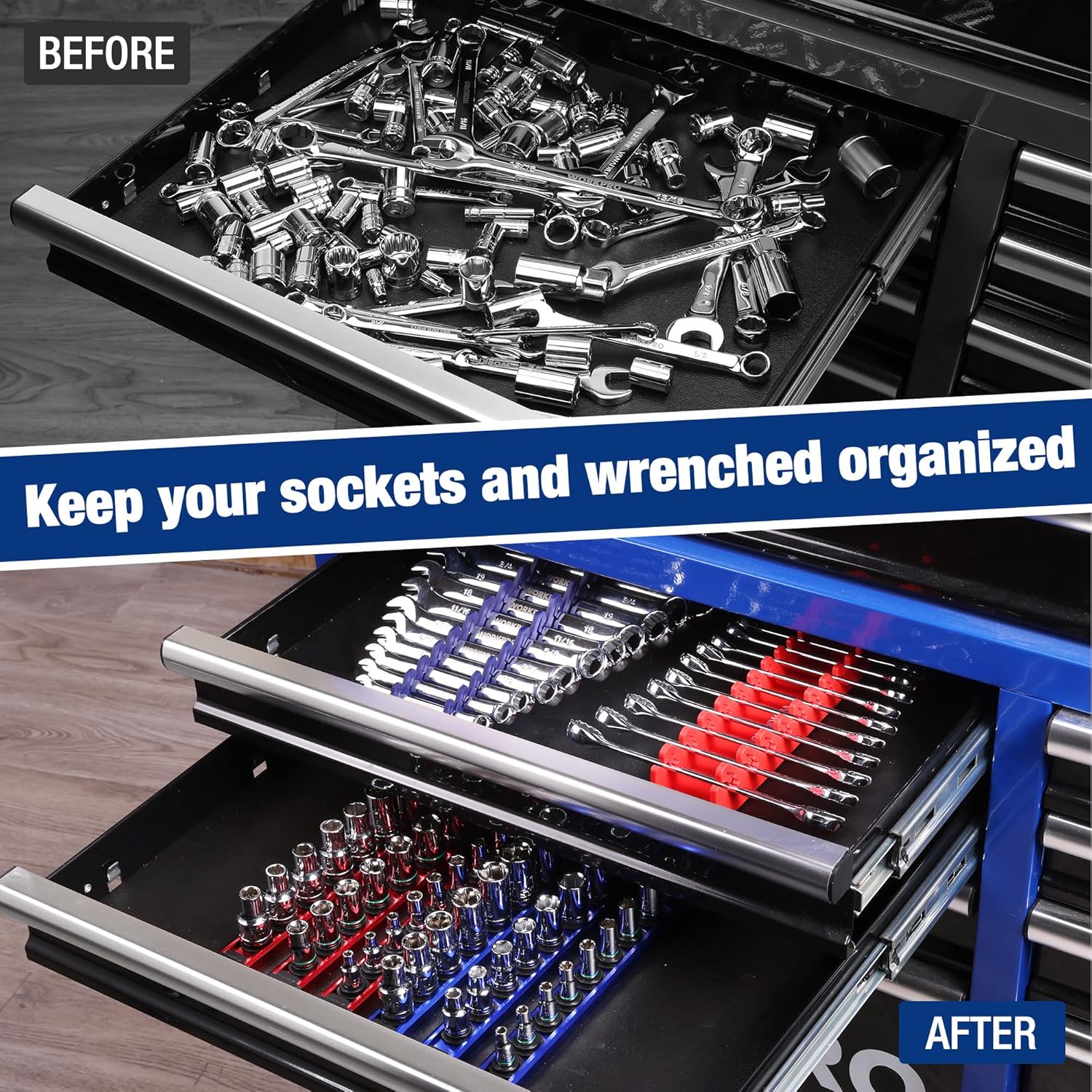 Magnetic socket and wrench organizer set with blue and red rails in black tray