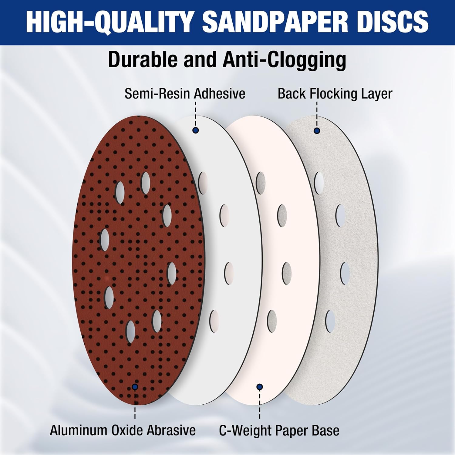 Hook-and-loop sanding discs showing layered construction, red and white circular 8-hole pads