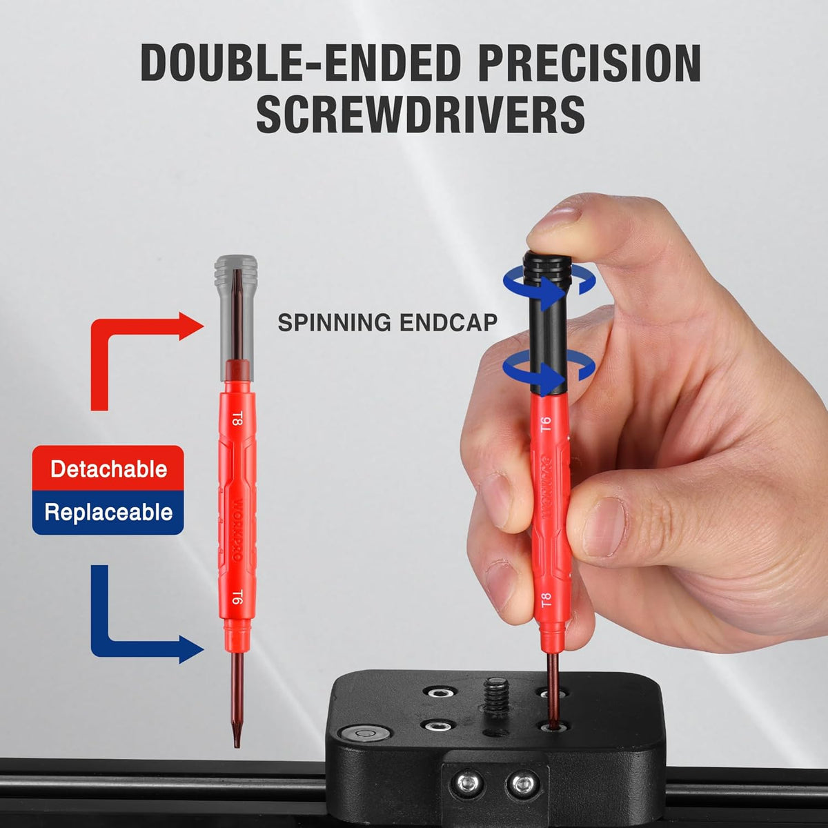 Double-ended precision screwdriver with detachable endcap, red handle on a small stand