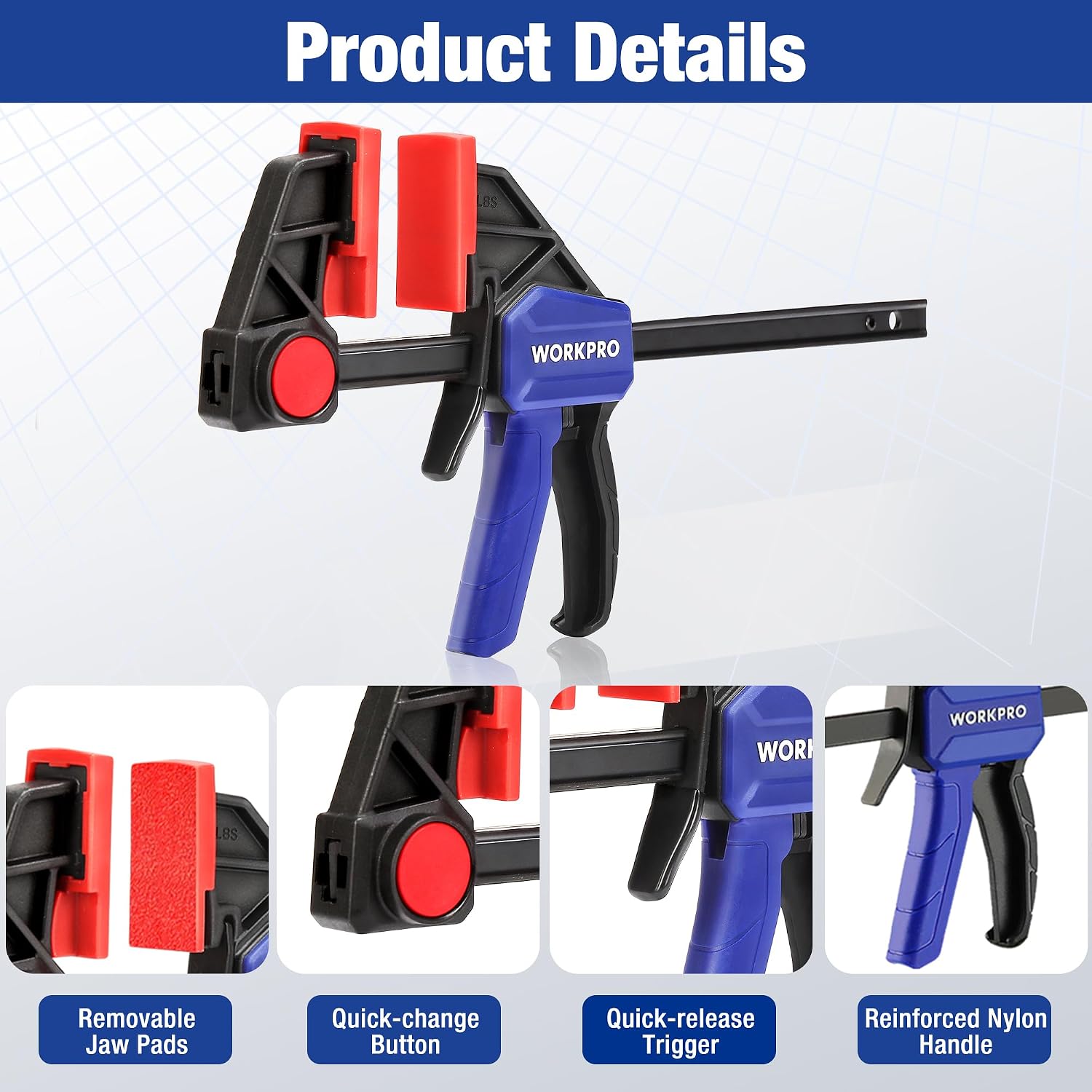 WORKPRO mini bar clamp close-up with blue handle, red jaw pads, and gray bar