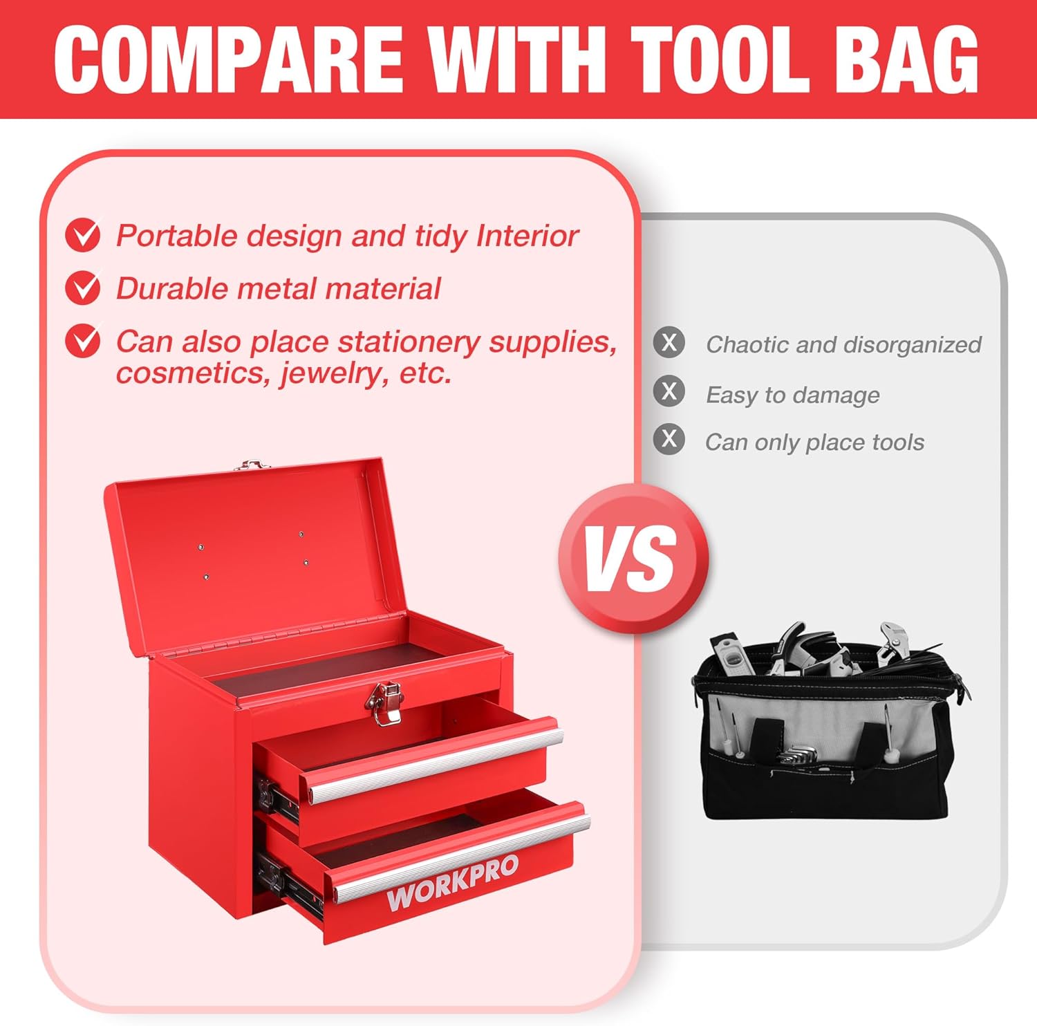 Red metal mini tool chest open with two drawers and hinged top latch