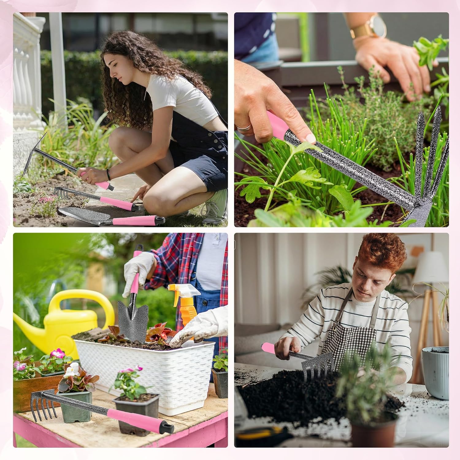 Pink-handled WORKPRO garden tools in use during planting, weeding, and garden care