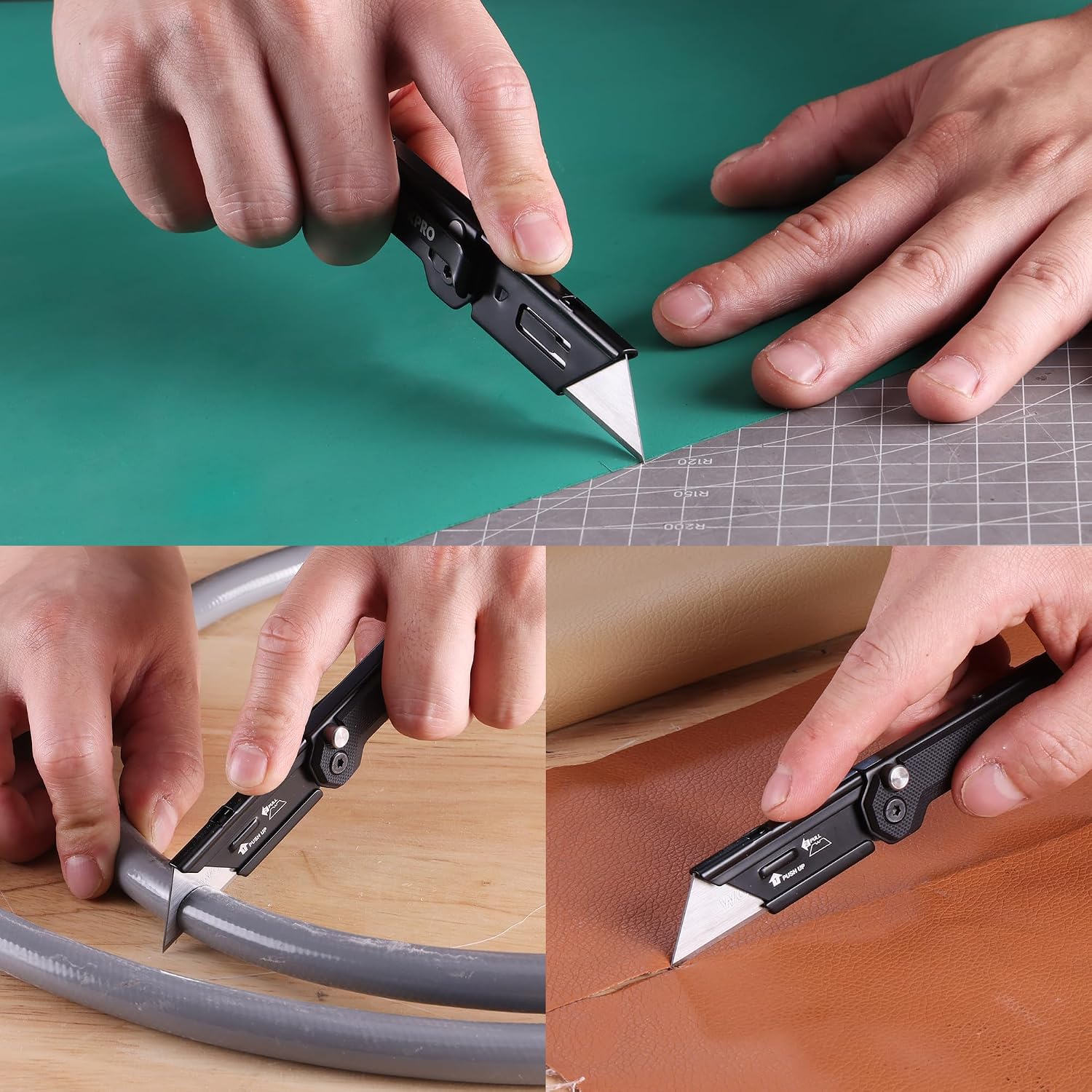 Foldable utility knife cutting paper and cardboard on a tabletop
