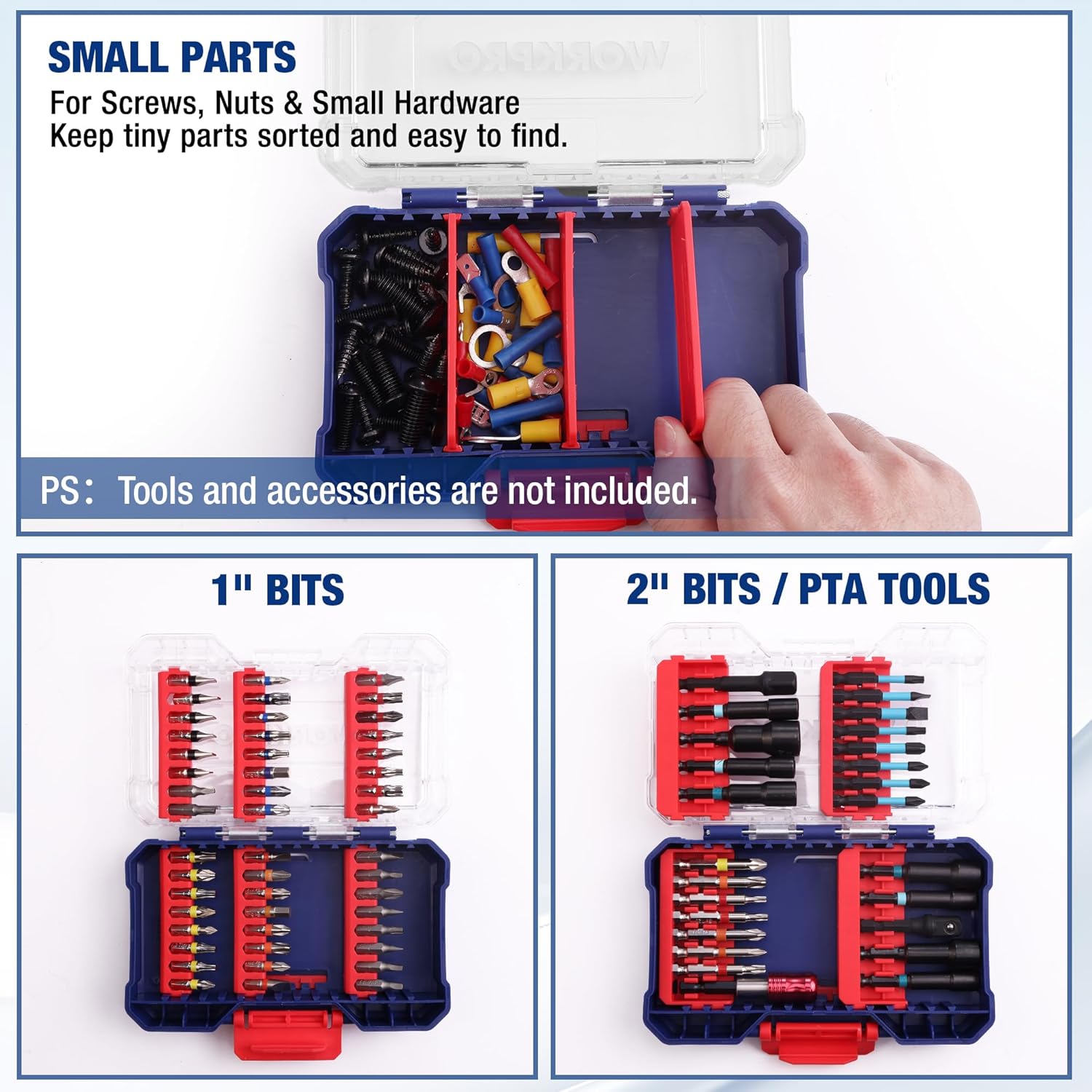 Clear-lid small parts organizer open, showing hardware compartments and red divider tabs