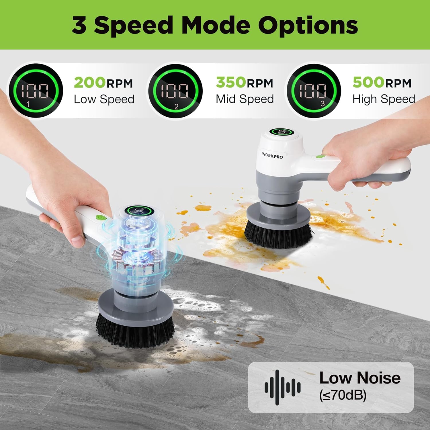 WORKPRO electric scrubber with 3 speed settings shown on the top display