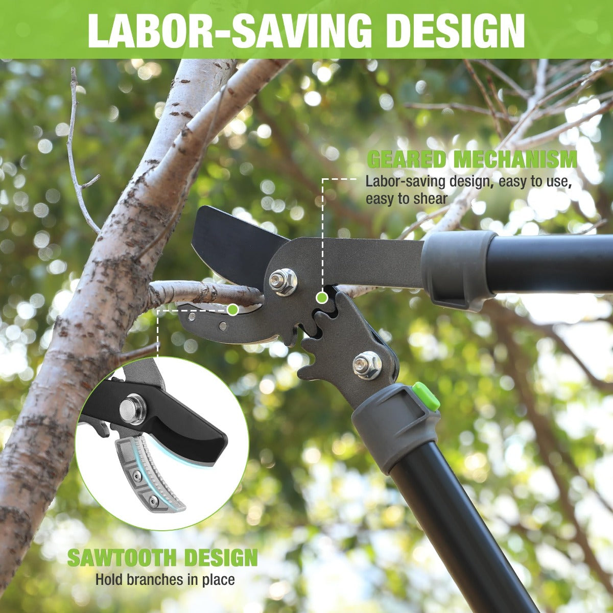 WORKPRO geared tree lopper with sawtooth blade and green grip handles