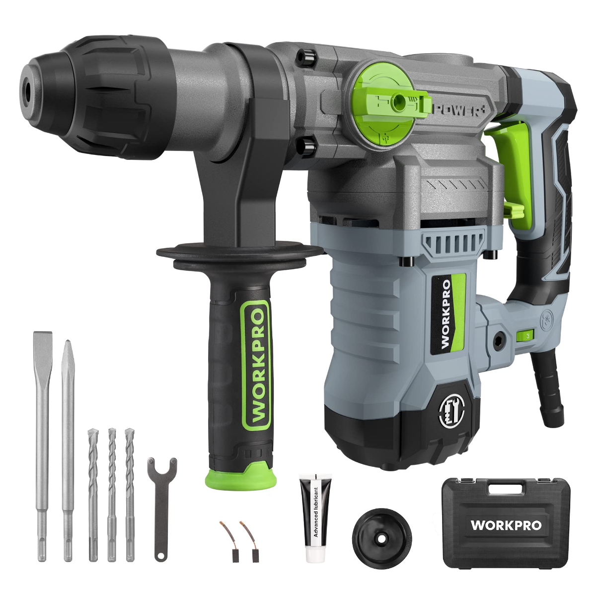 WORKPRO corded SDS-Plus rotary hammer drill with bits, chisel, tool case and accessories