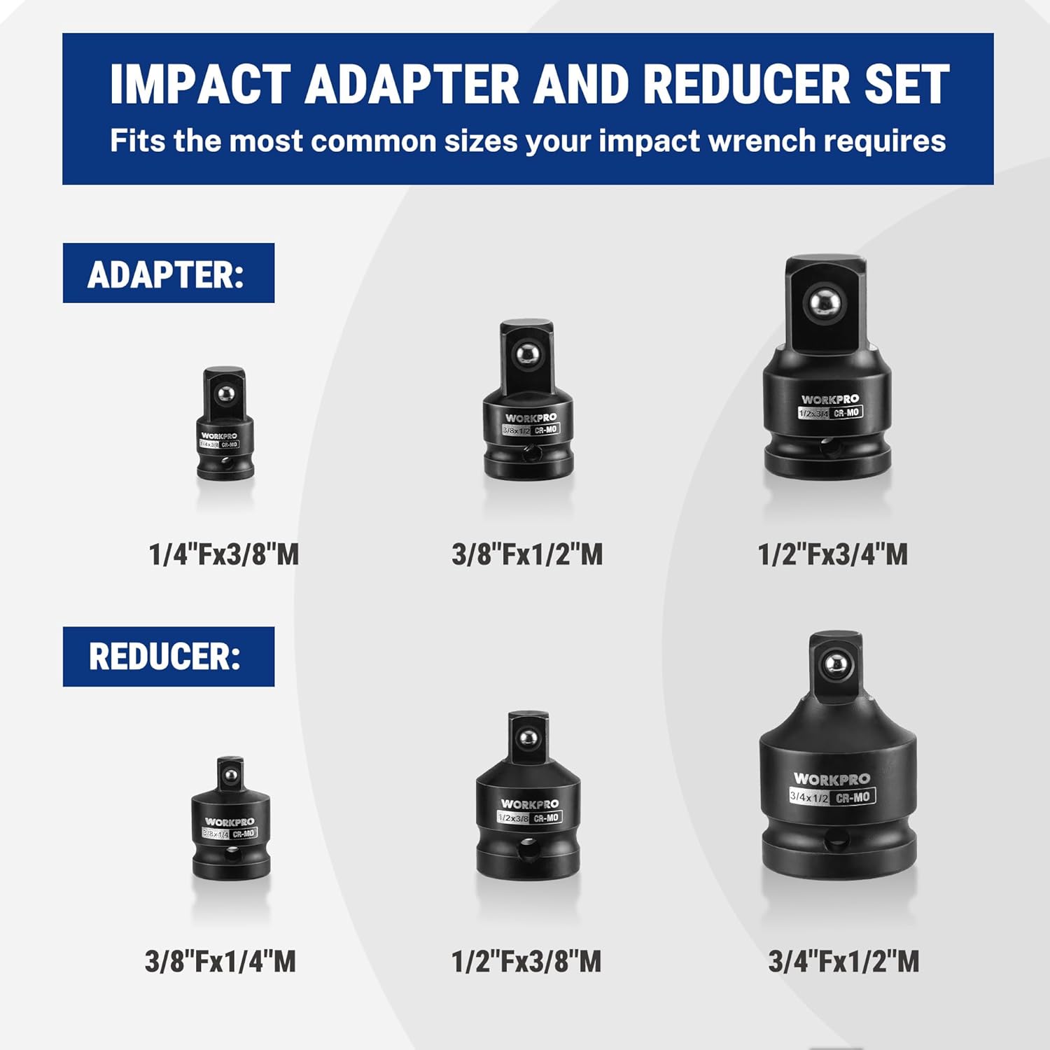 WORKPRO impact socket adapter and reducer set with 1/4, 3/8, 1/2, and 3/4 drive sizes