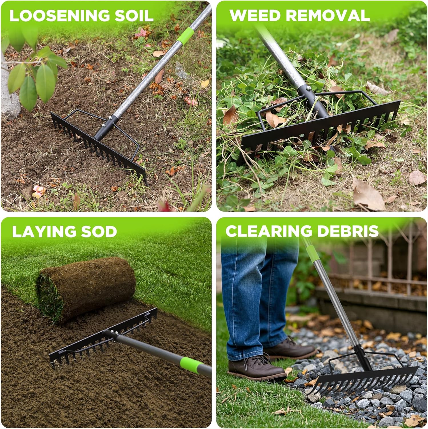 Bow rake with 17 metal tines for loosening soil and clearing weeds