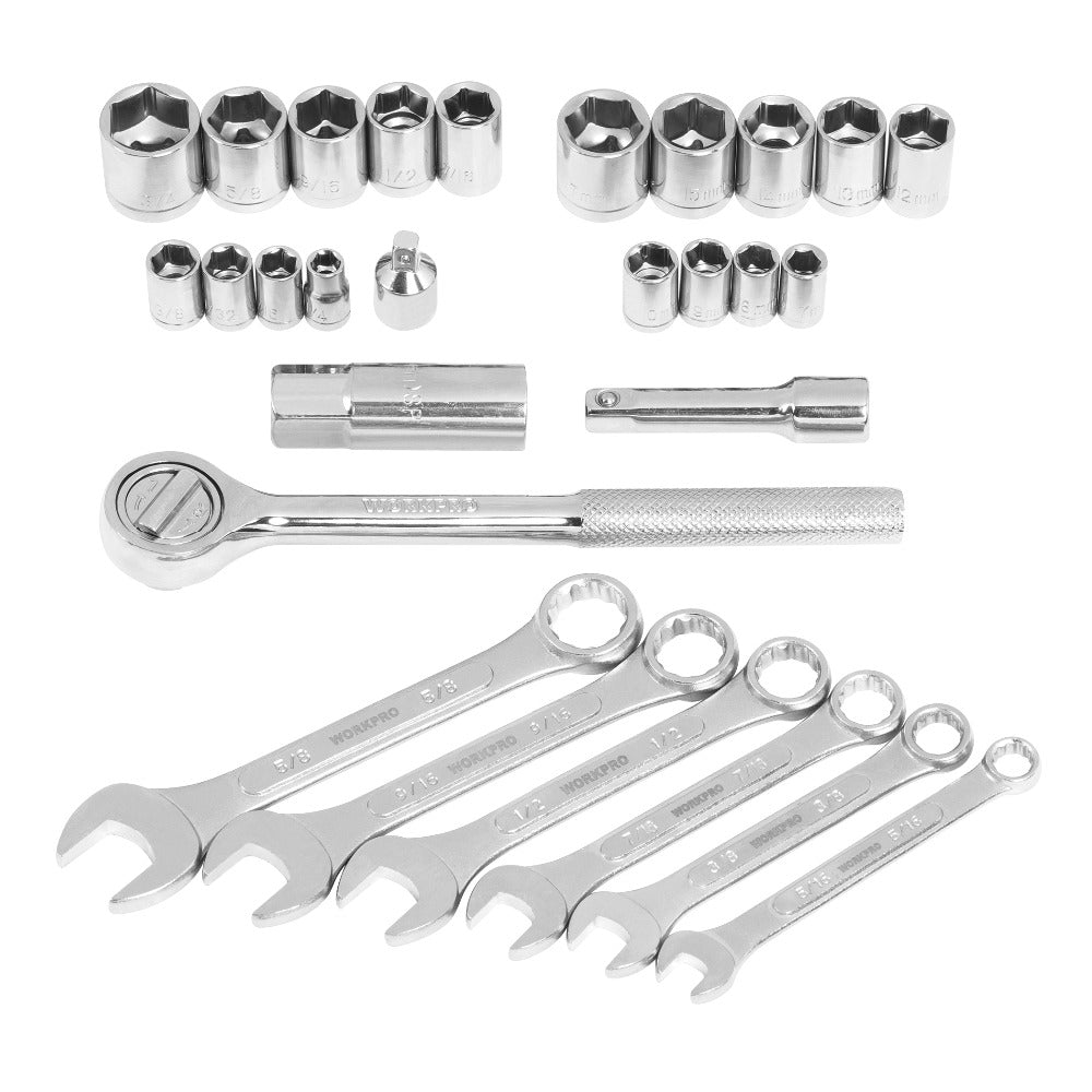 Chrome socket set with ratchet extensions and open-end wrenches