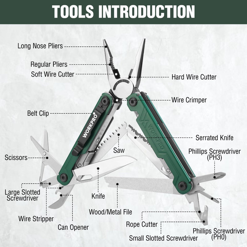 WorkPro 18-in-1 Multi Tool Pliers, Green