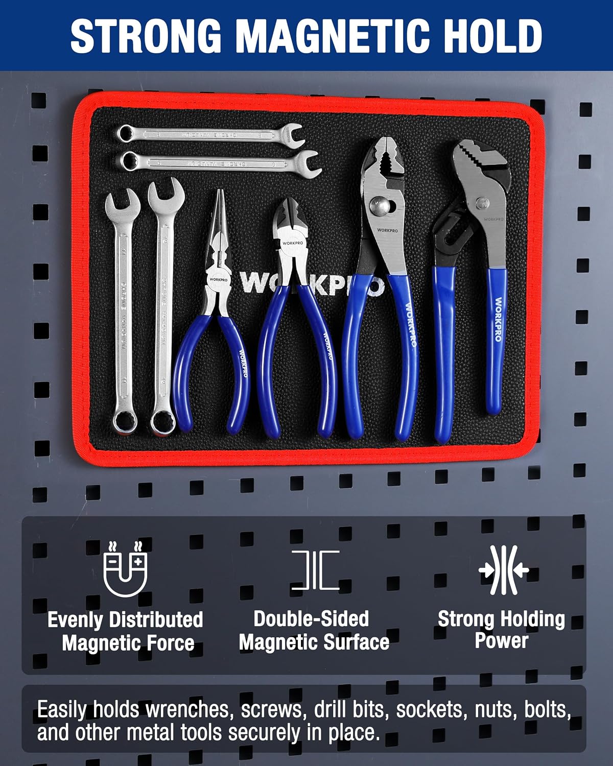Flexible magnetic tool tray holding wrenches and pliers on black surface with red border.