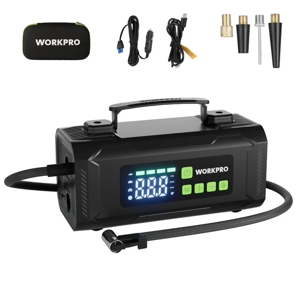 WORKPRO 12V portable tire inflator with digital screen, black body, nozzle adapters