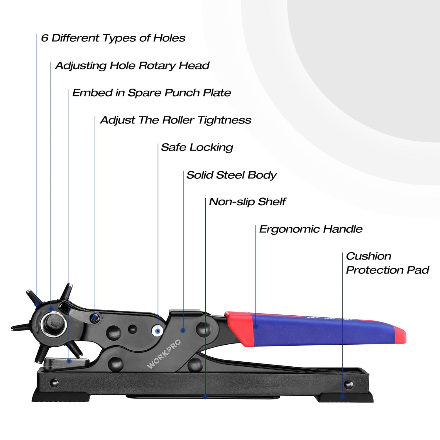 WORKPRO leather hole puncher tool with rotary head and cushioned ergonomic handle